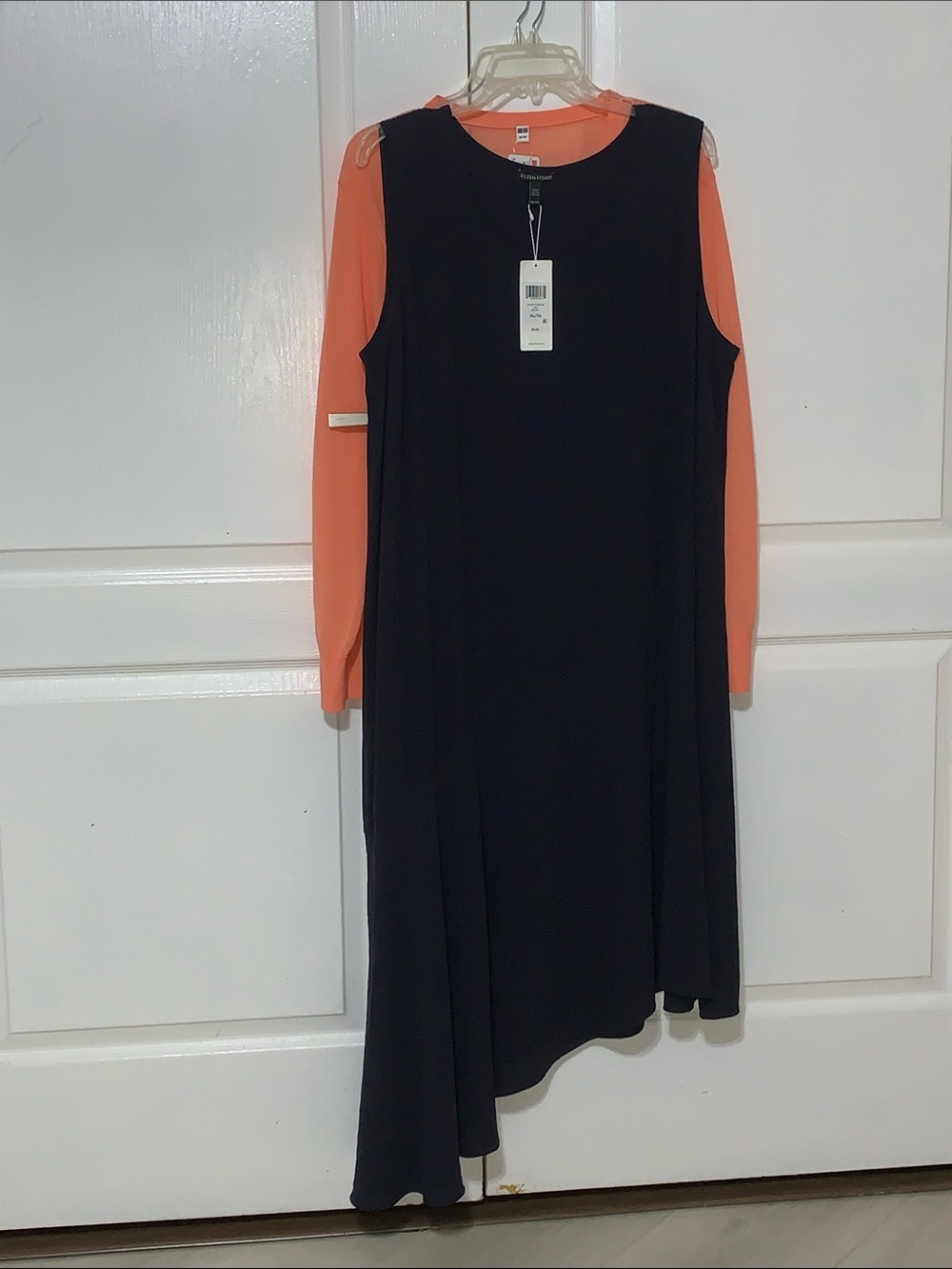 Eileen Fisher Black Asymmetrical Dress with Coral Sleeves  ink color
